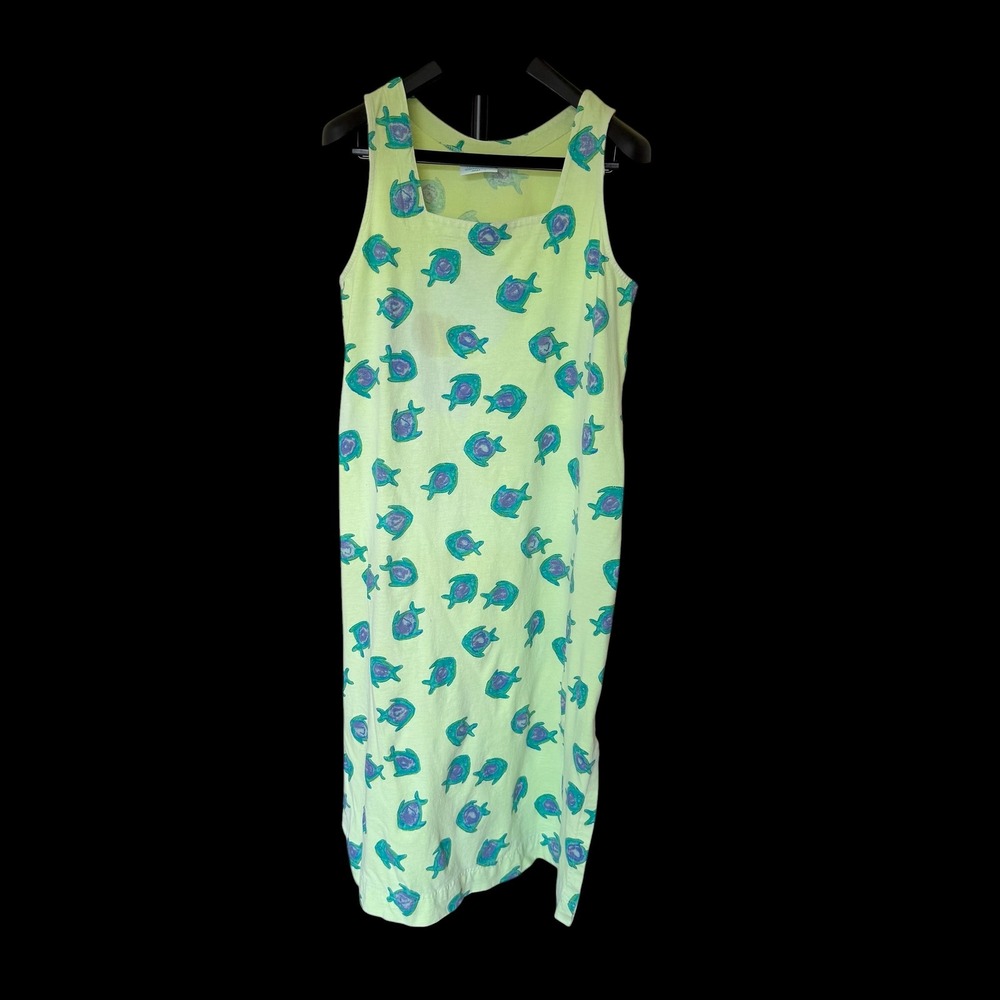 90's Fresh Produce Lime Green Fish Print Cotton Midi Dress L USA Made